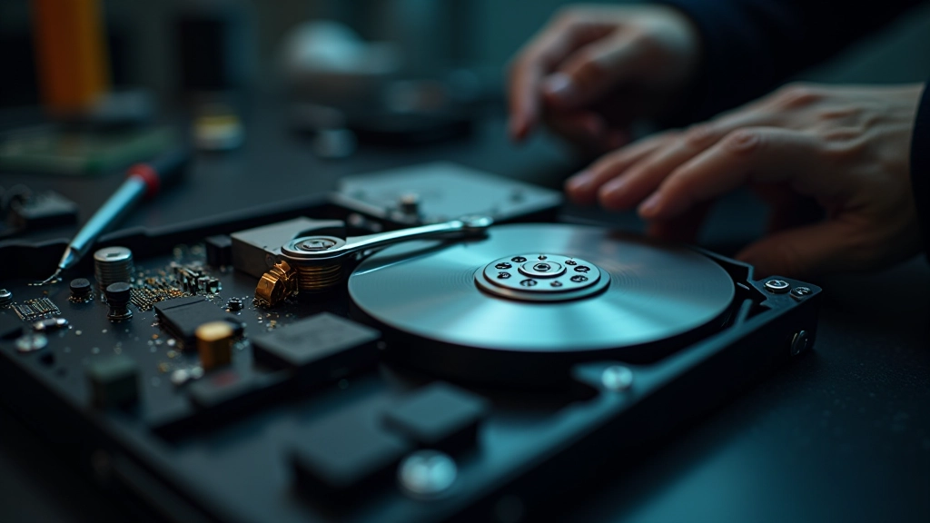 Unidade de disco rígido aberta mostrando componentes internos com ferramentas técnicas