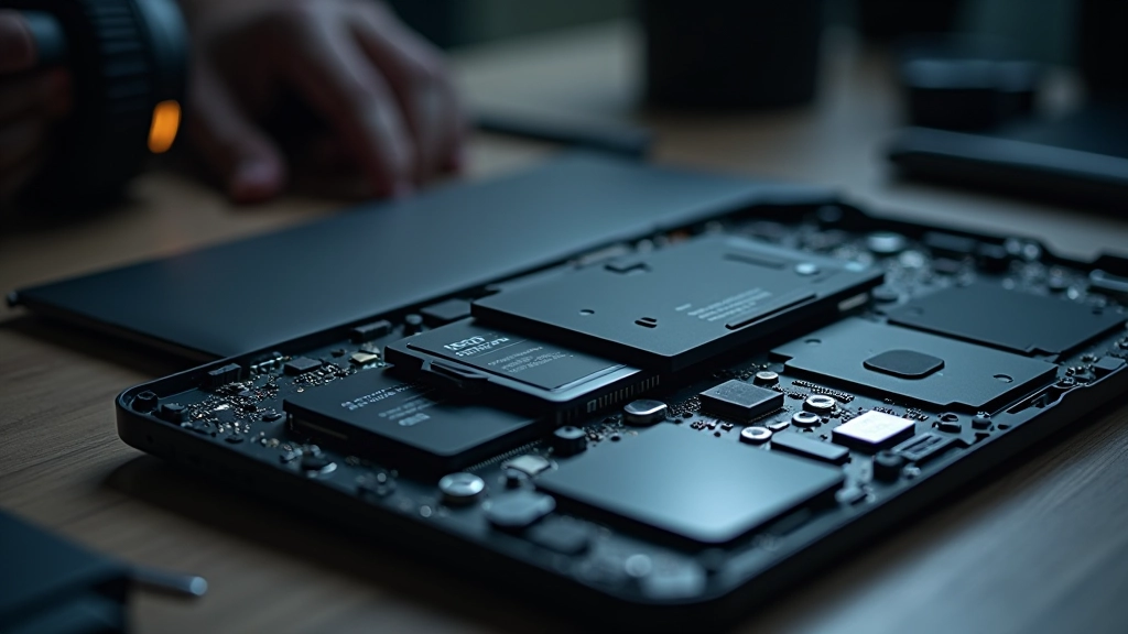 Computador portátil aberto mostrando disco rígido SSD com vista clara dos componentes internos