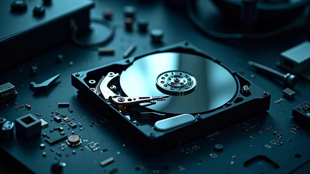 Secretária de técnico com disco rígido desmontado, componentes magnéticos visíveis, ferramentas de precisão