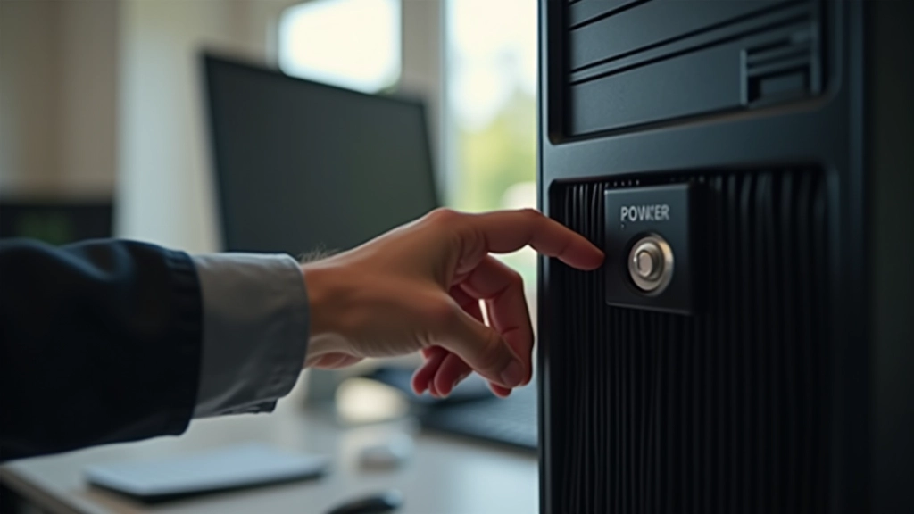 Utilizador a reiniciar computador com mão no botão de poder da torre de desktop