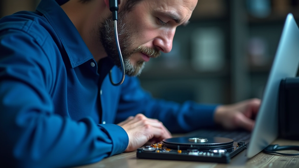 Técnico a escutar disco rígido com estetoscópio para diagnóstico de falha mecânica