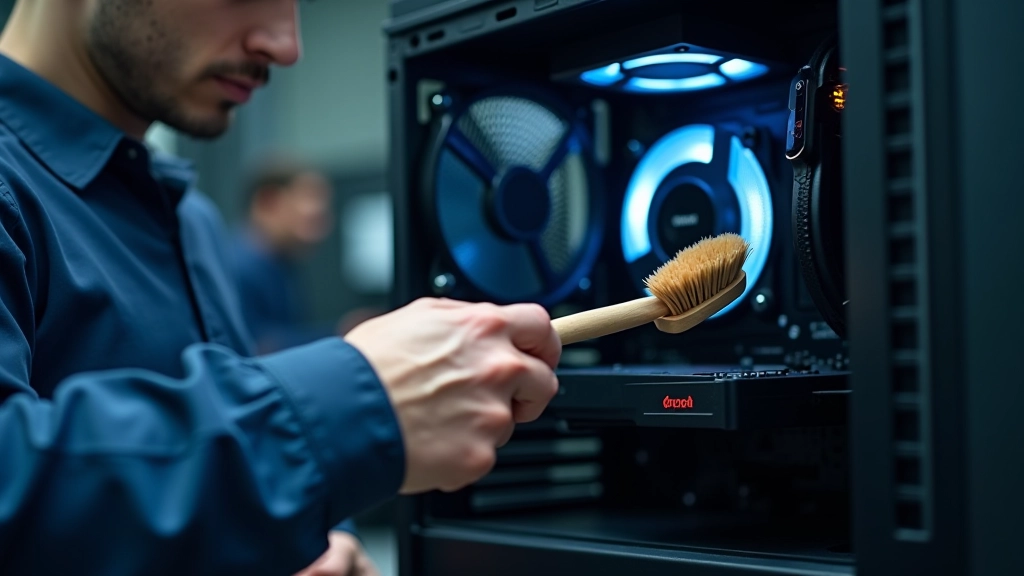Técnico a limpar o interior de uma torre de computador com precisão