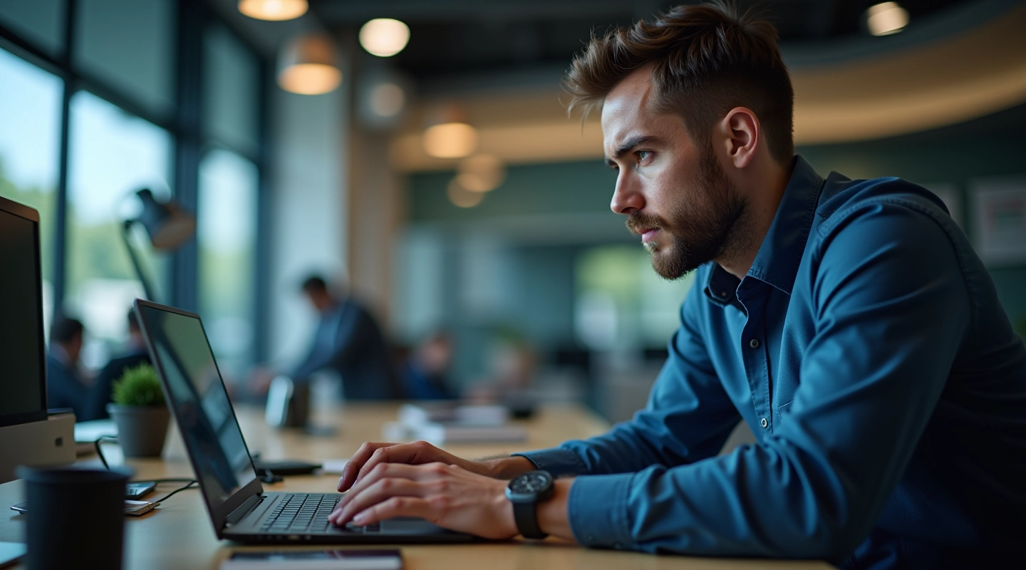 Computador portátil moderno com técnico a realizar diagnóstico de arranque em ambiente profissional